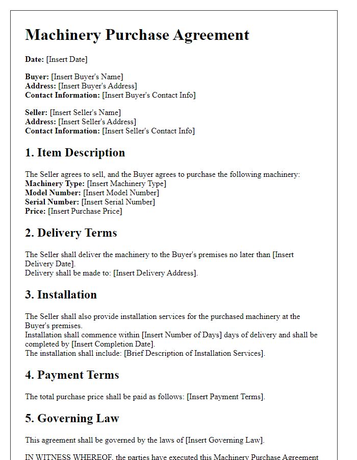 Letter template of machinery purchase agreement with delivery and installation clauses