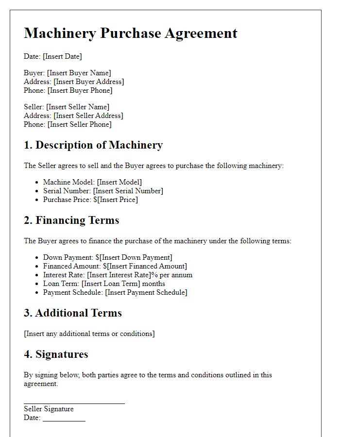 Letter template of machinery purchase agreement with financing terms