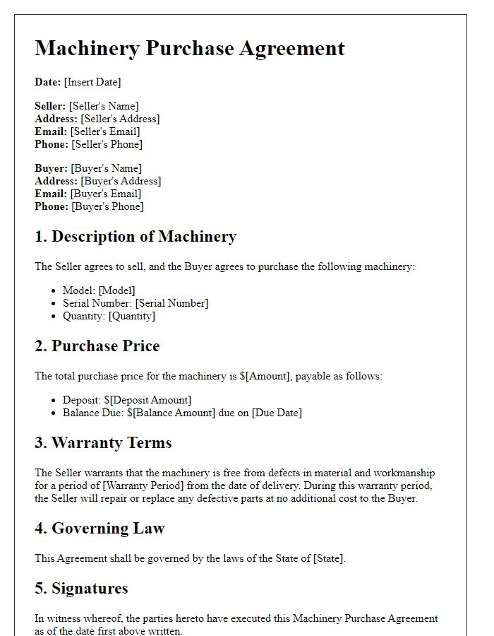 Letter template of machinery purchase agreement including warranty terms