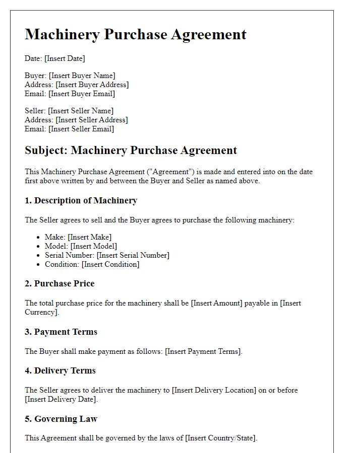 Letter template of machinery purchase agreement for international transactions