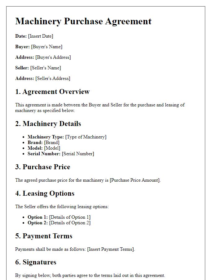 Letter template of machinery purchase agreement for leasing options