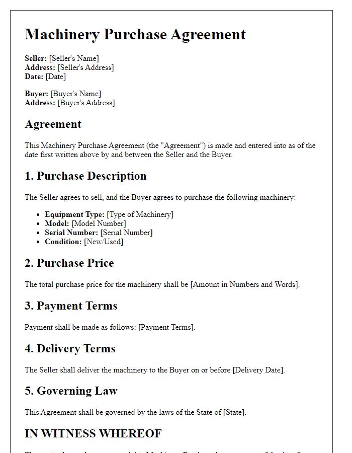 Letter template of machinery purchase agreement for new equipment acquisition