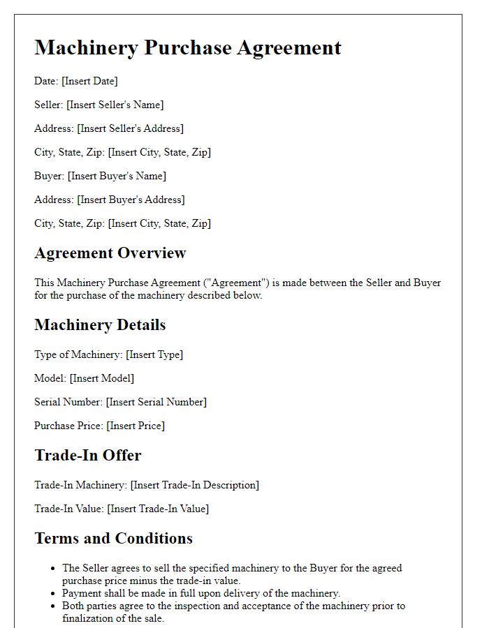 Letter template of machinery purchase agreement for trade-in offers