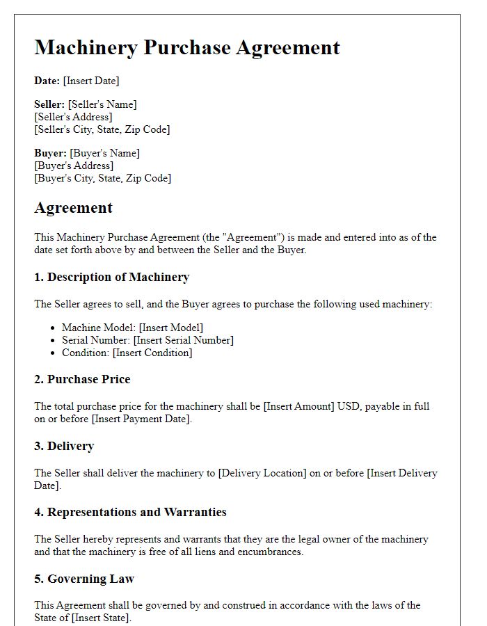 Letter template of machinery purchase agreement for used machinery purchases