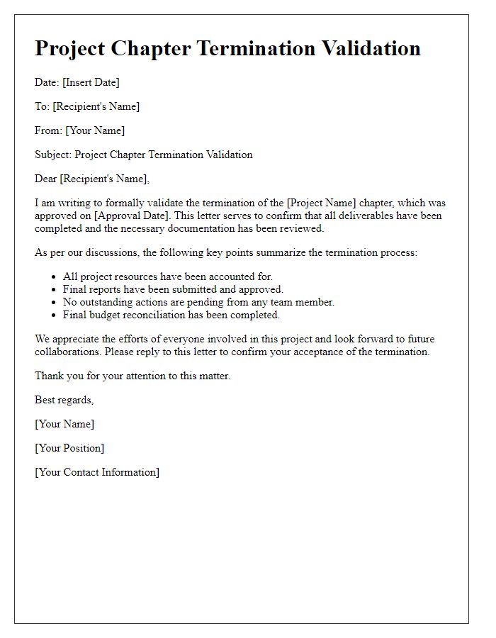 Letter template of project chapter termination validation