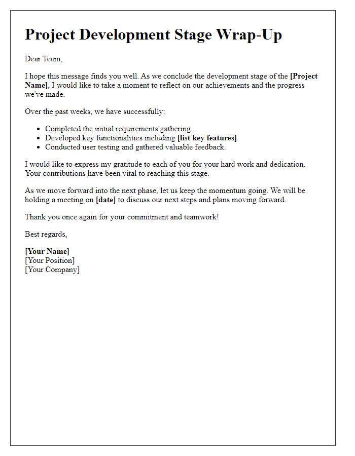 Letter template of project development stage wrap-up message