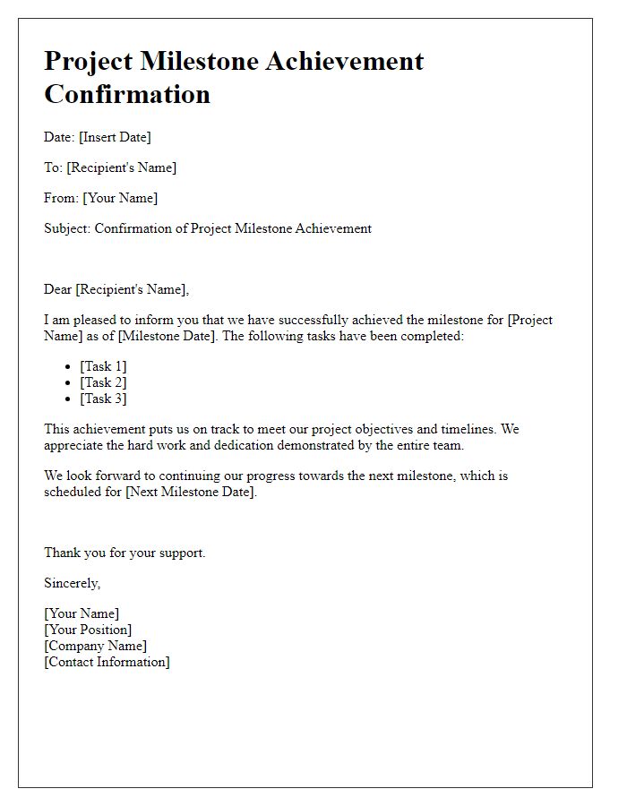 Letter template of project milestone achievement confirmation