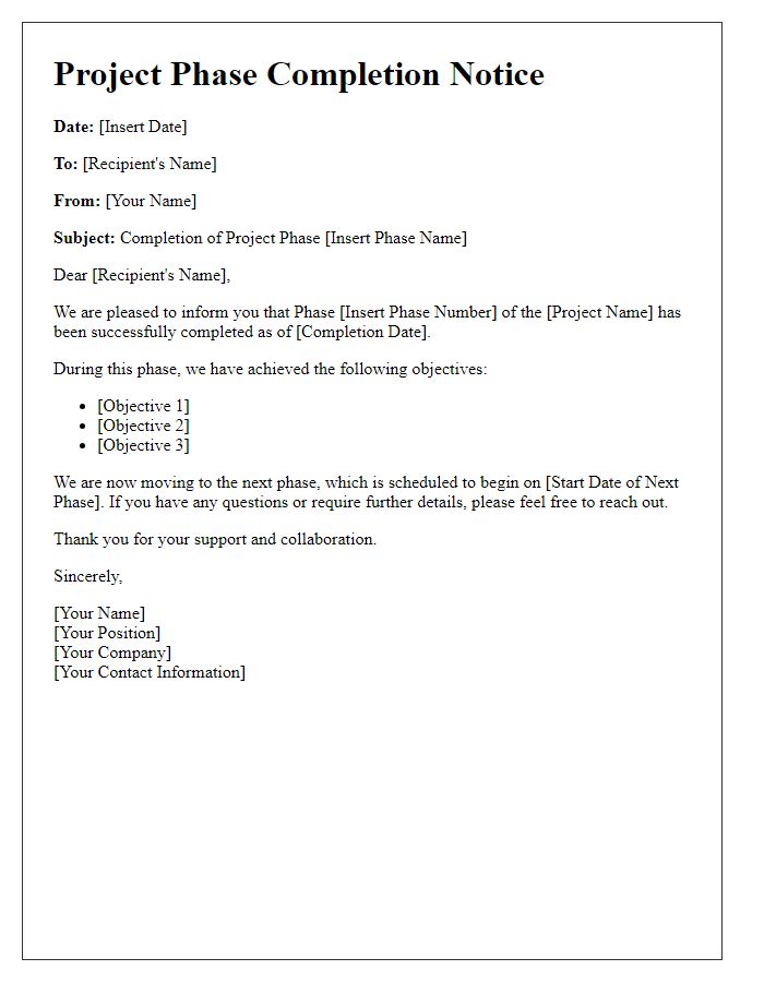 Letter template of project phase completion notice