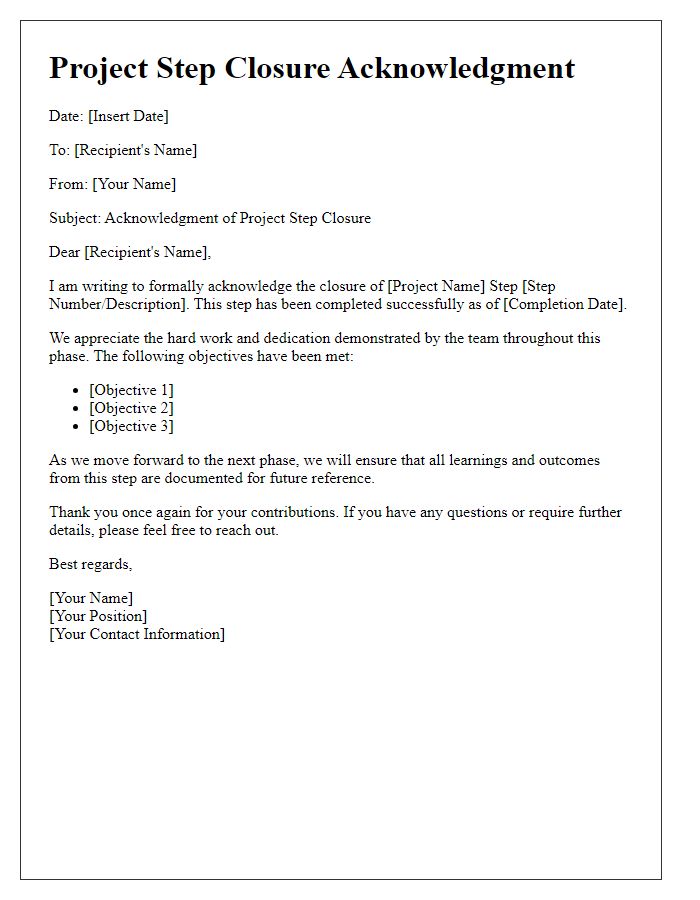 Letter template of project step closure acknowledgment