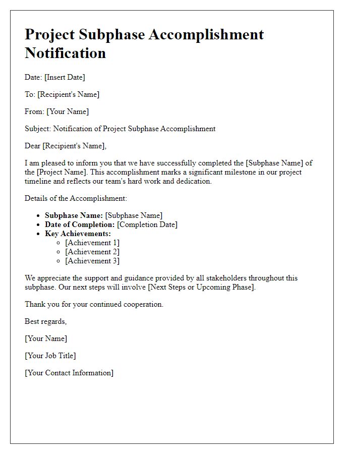 Letter template of project subphase accomplishment notification