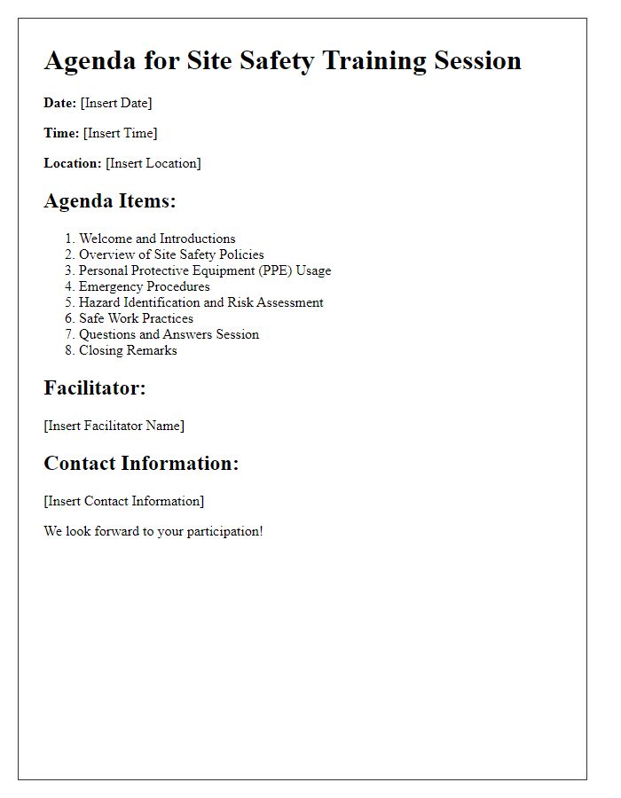 Letter template of agenda for site safety training session