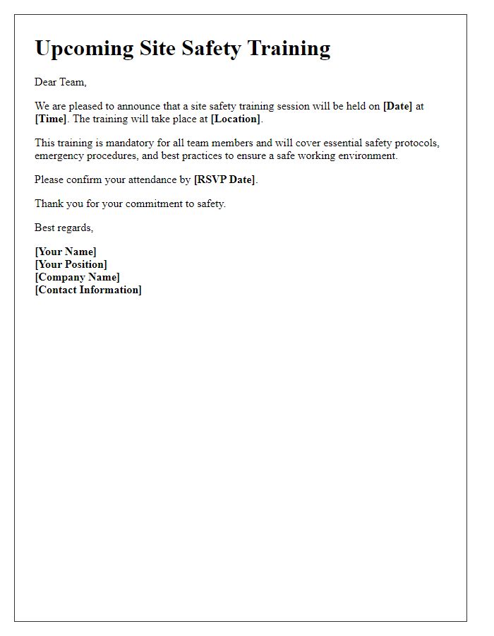 Letter template of announcement for upcoming site safety training