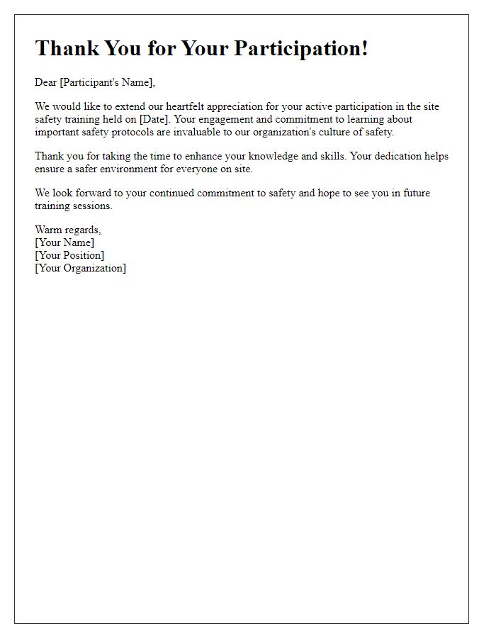 Letter template of appreciation for participants in site safety training