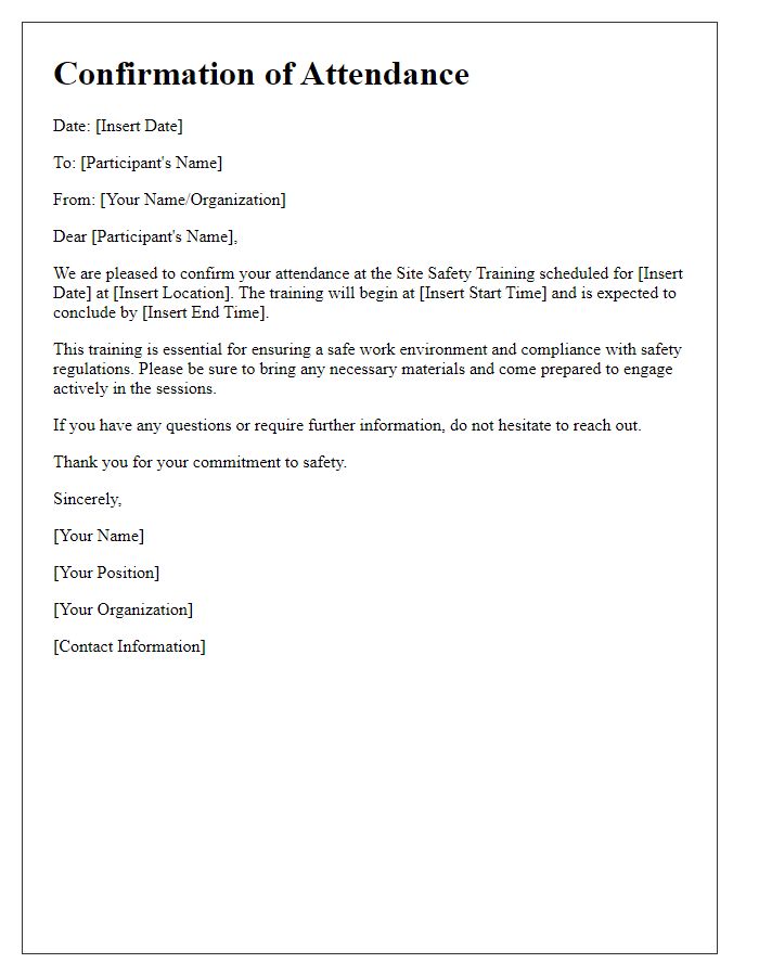 Letter template of confirmation for site safety training attendance