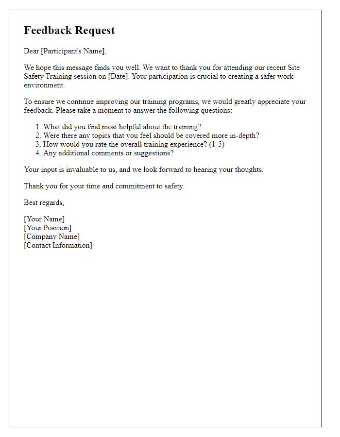 Letter template of feedback request after site safety training