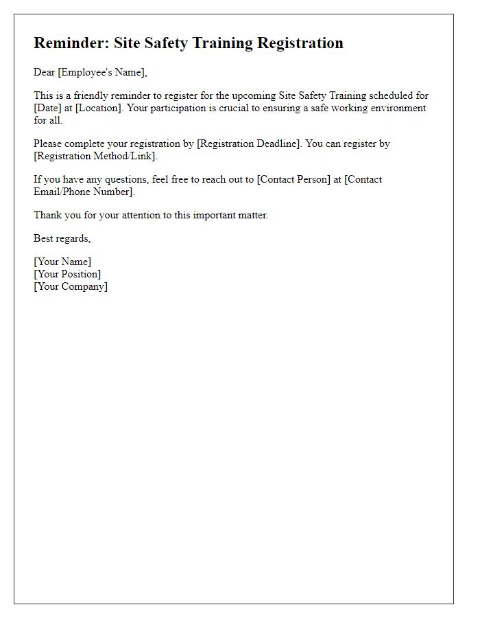 Letter template of reminder for site safety training registration