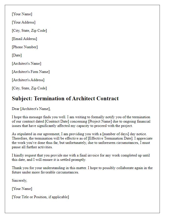 Letter template of architect contract termination due to financial issues