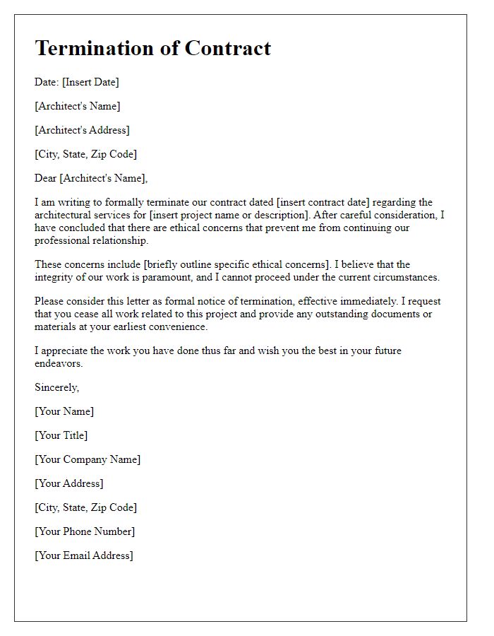 Letter template of architect contract termination for ethical concerns