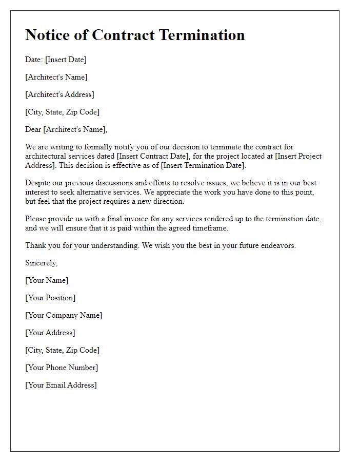 Letter template of architect contract termination initiated by client