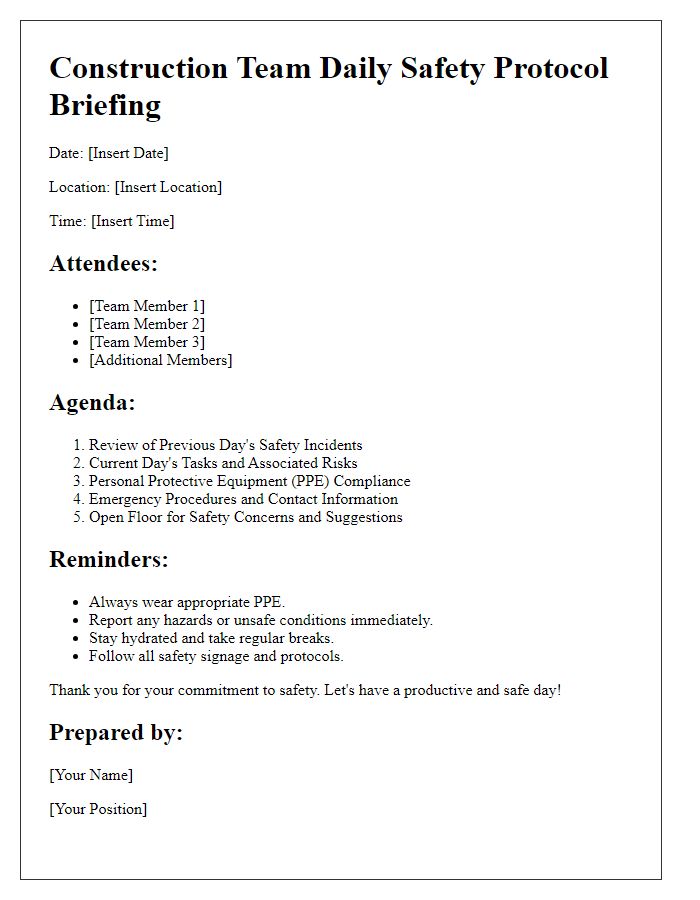 Letter template of construction team daily safety protocol briefing