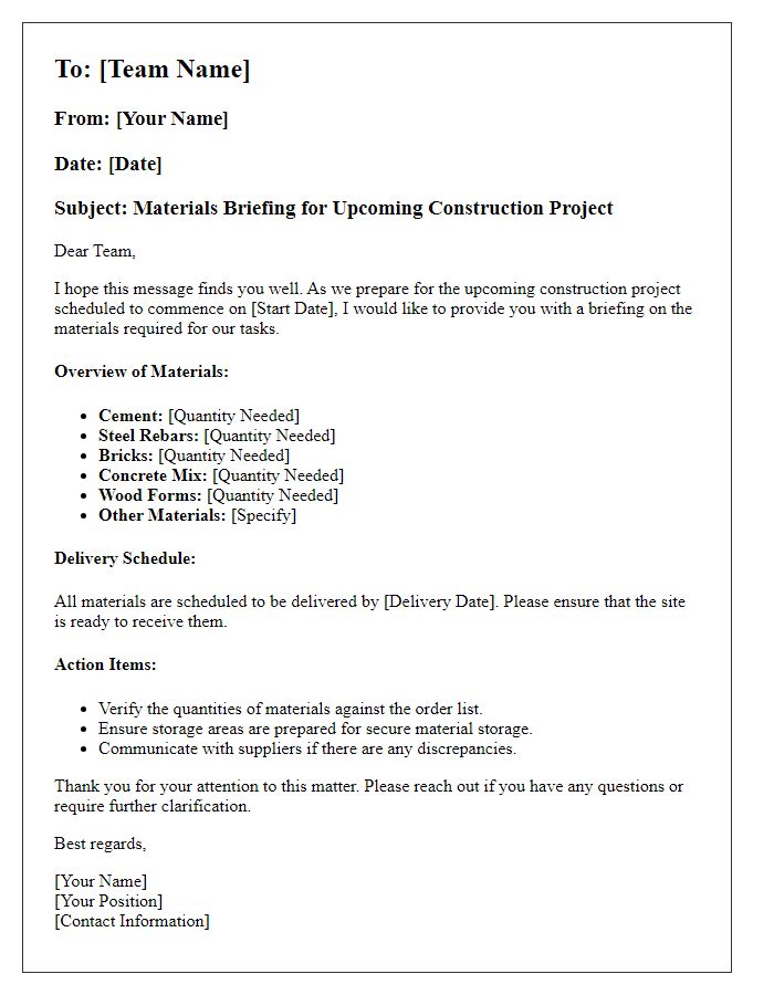 Letter template of construction team materials briefing