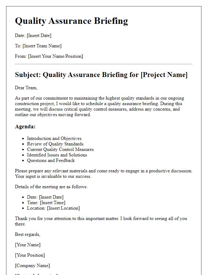 Letter template of construction team quality assurance briefing