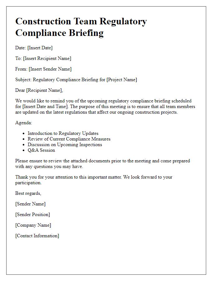 Letter template of construction team regulatory compliance briefing