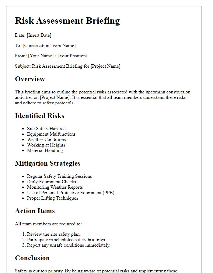 Letter template of construction team risk assessment briefing