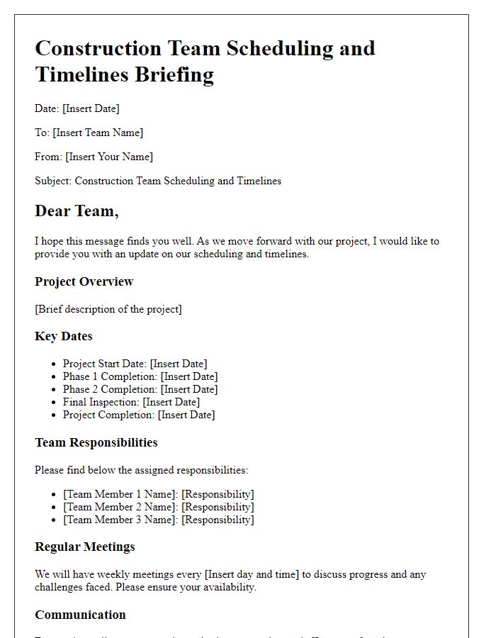 Letter template of construction team scheduling and timelines briefing