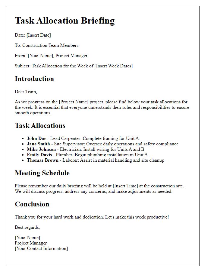 Letter template of construction team task allocation briefing