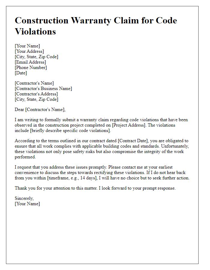 Letter template of construction warranty claim for code violations