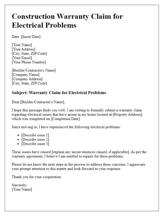 Letter template of construction warranty claim for electrical problems