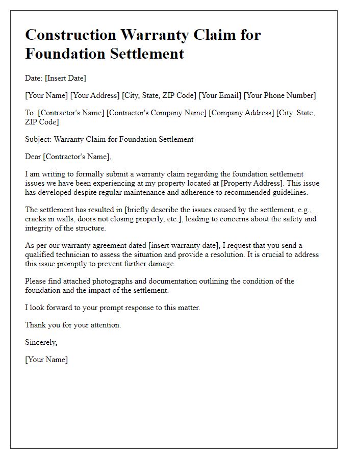 Letter template of construction warranty claim for foundation settlement