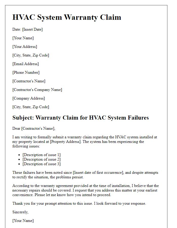 Letter template of construction warranty claim for HVAC system failures