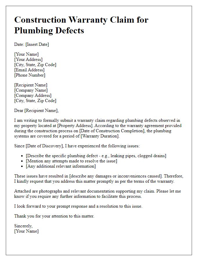 Letter template of construction warranty claim for plumbing defects