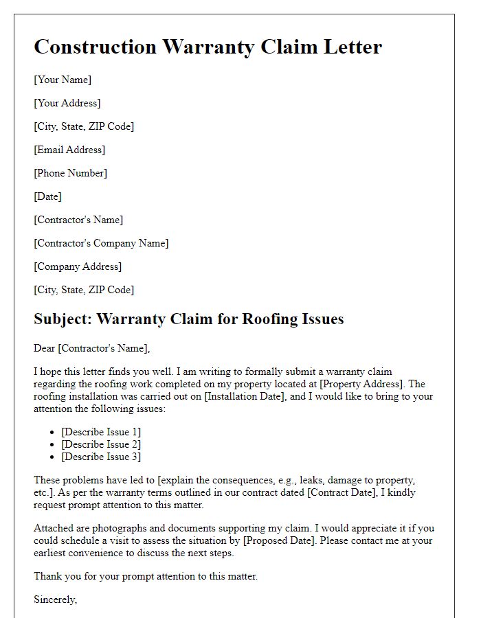 Letter template of construction warranty claim for roofing issues