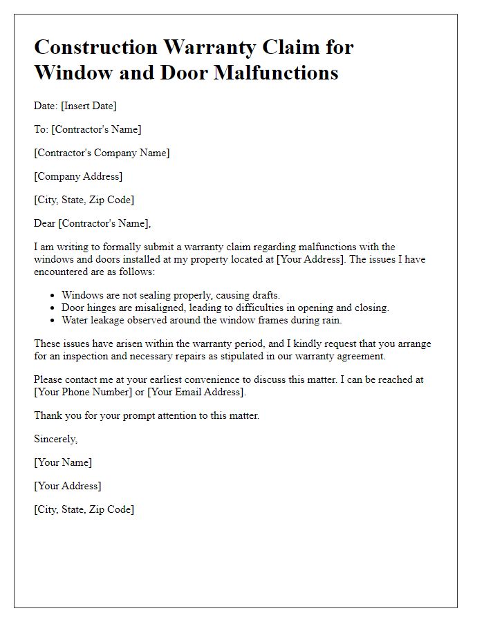 Letter template of construction warranty claim for window and door malfunctions