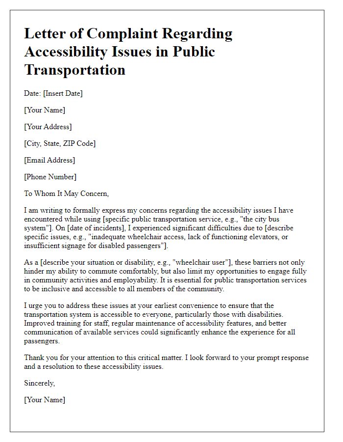 Letter template of accessibility issues in public transportation complaint