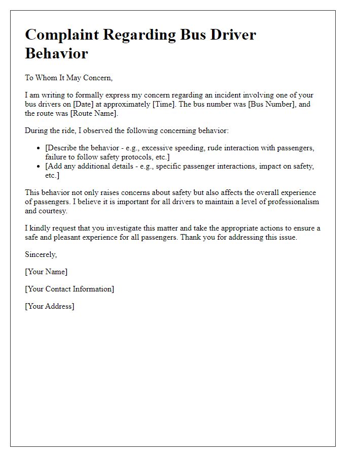 Letter template of bus driver behavior complaint