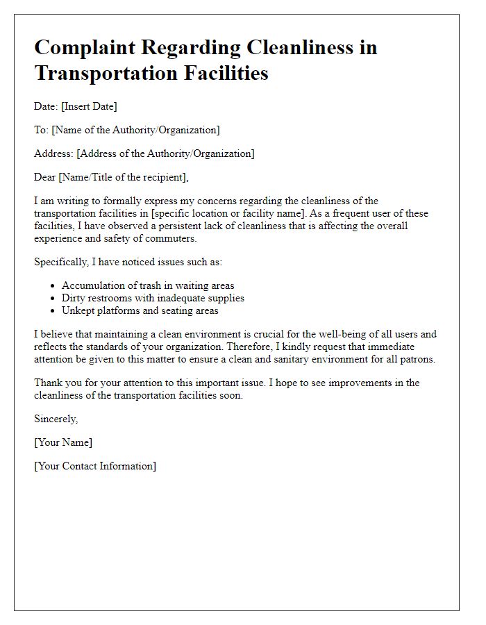 Letter template of cleanliness in transportation facilities complaint