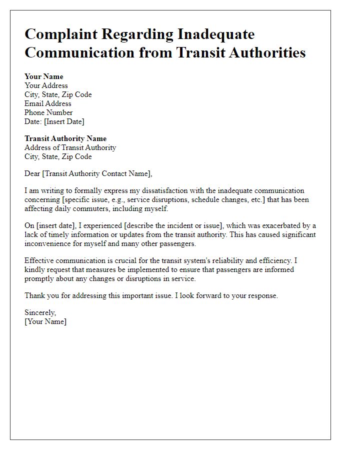 Letter template of inadequate communication from transit authorities complaint