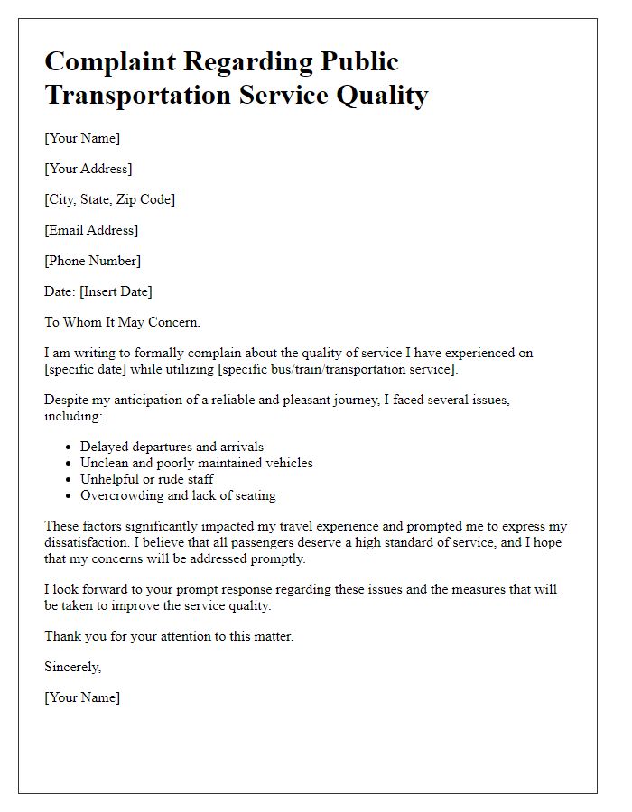 Letter template of public transportation service quality complaint