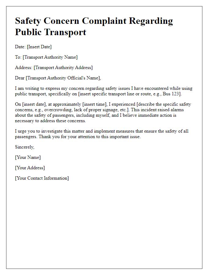 Letter template of safety concern in public transport complaint