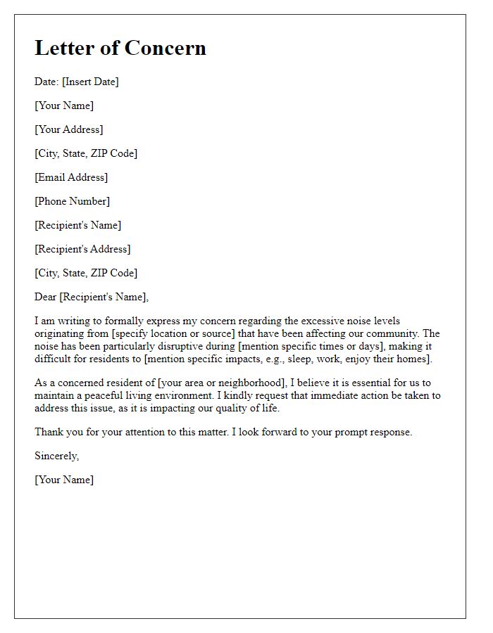 Letter template of concern about excessive noise levels