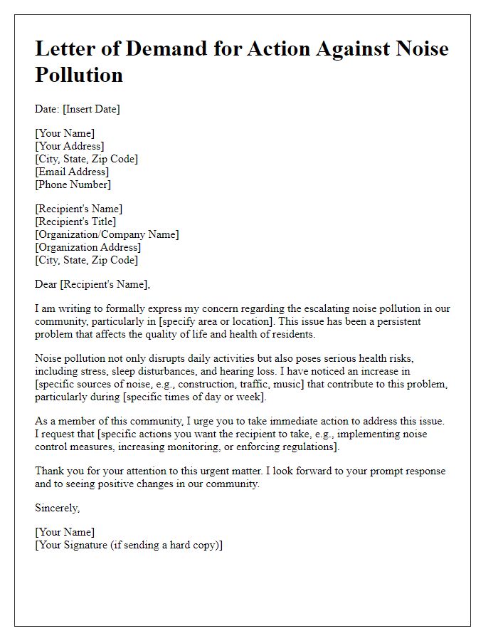 Letter template of demand for action against noise pollution