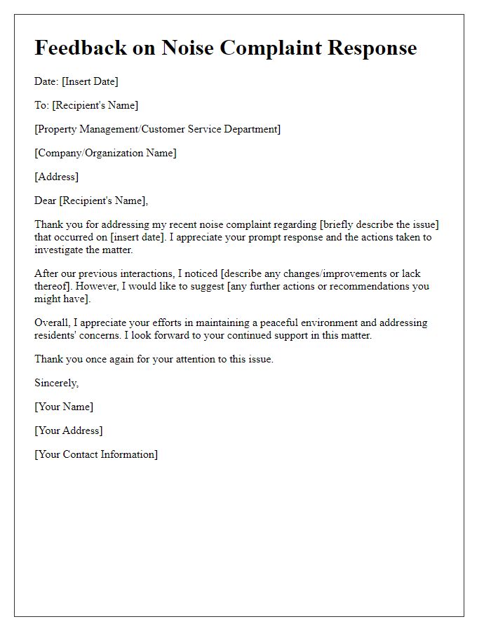 Letter template of feedback on noise complaints response