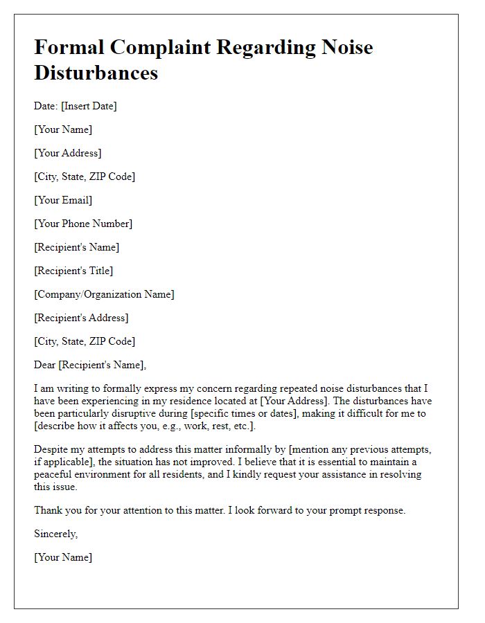 Letter template of formal complaint regarding noise disturbances