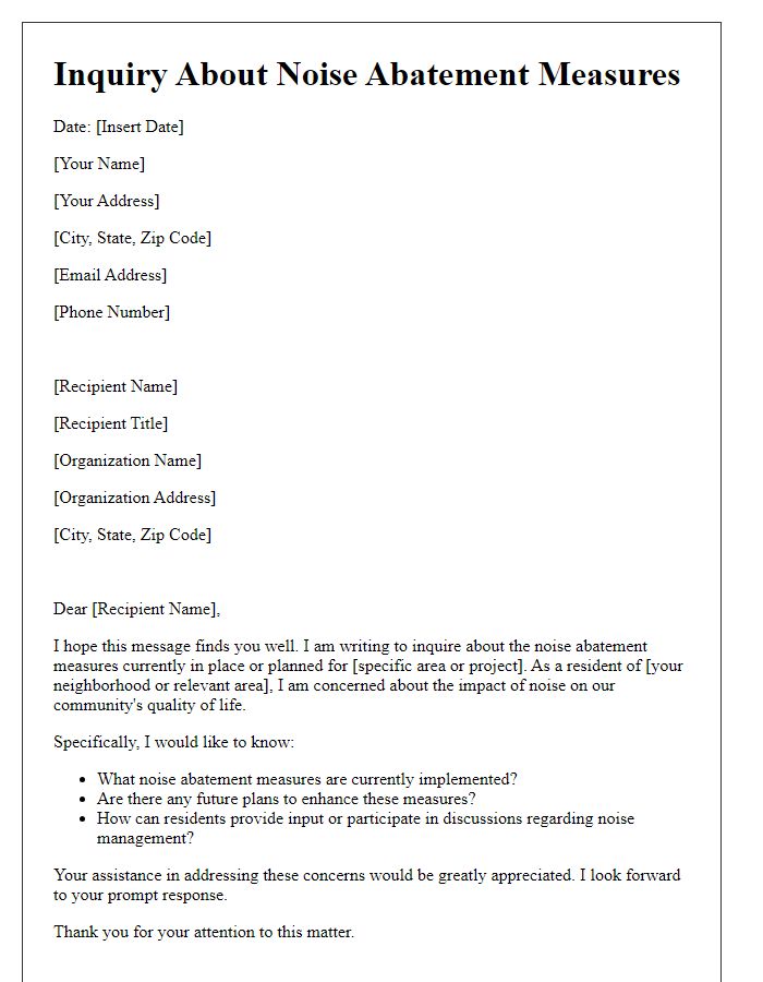 Letter template of inquiry about noise abatement measures