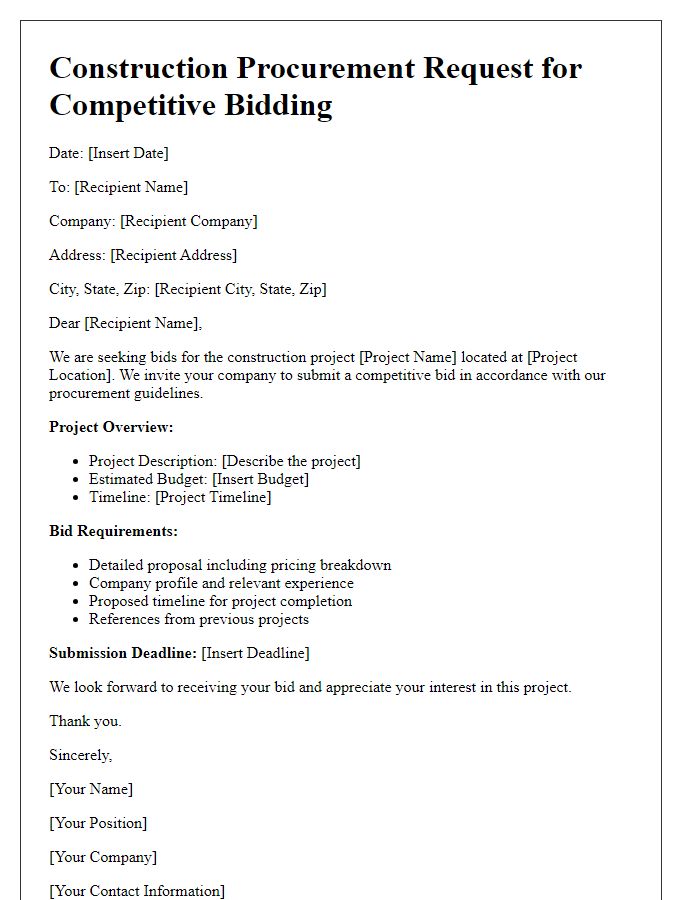 Letter template of construction procurement request for competitive bidding.