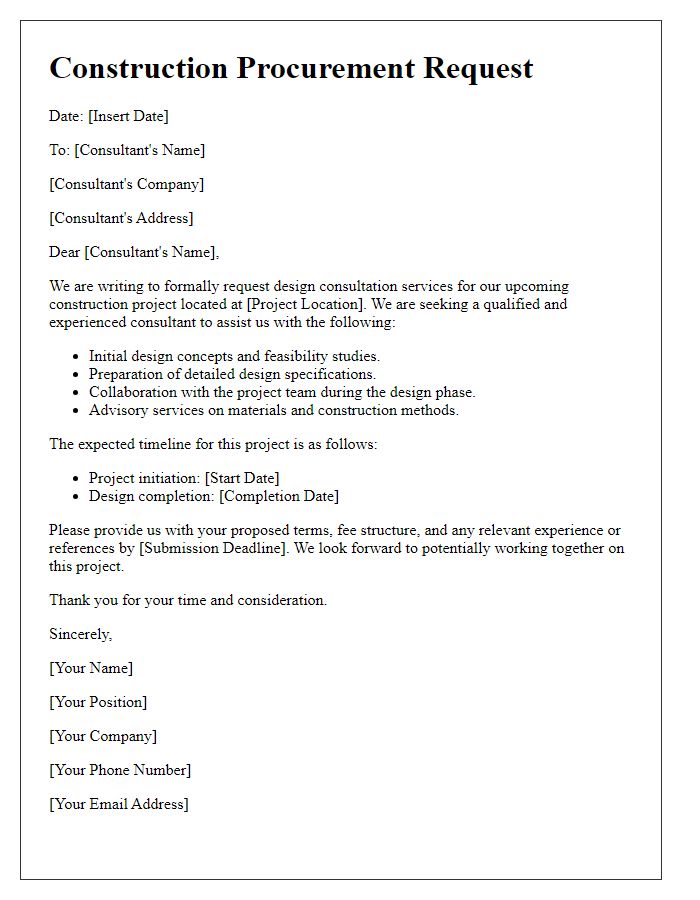 Letter template of construction procurement request for design consultations.